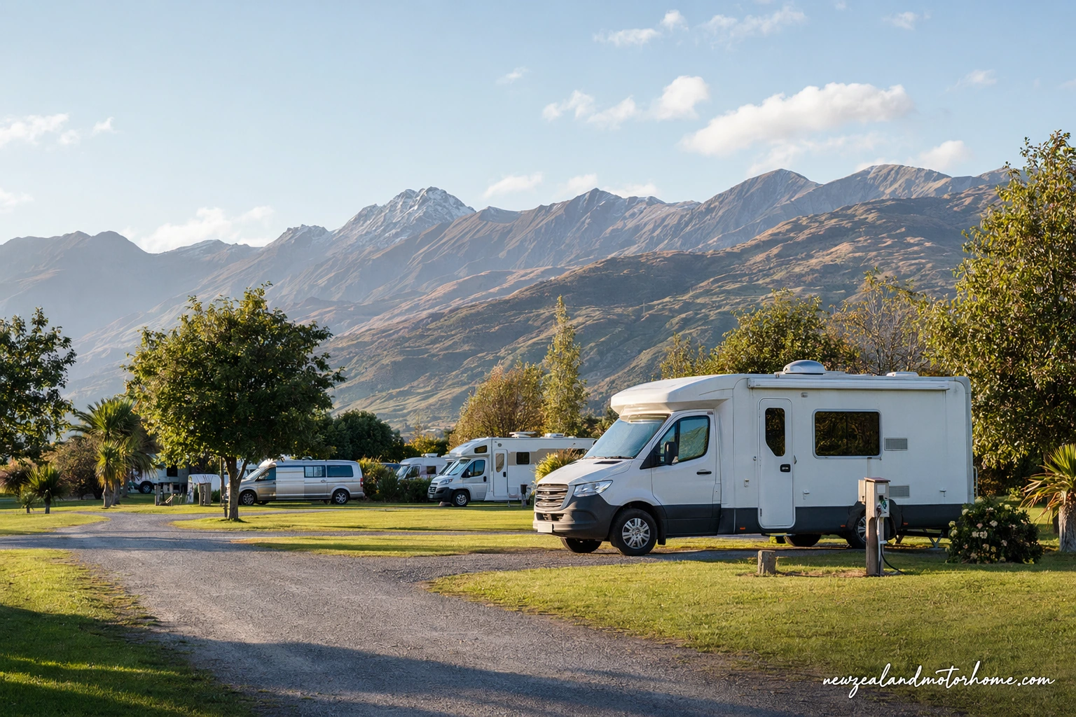 Campervan parked at a Canterbury holiday park with mountains and open sky beyond