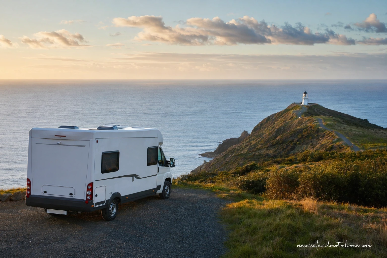Campervan parked on the Far North road near Cape Reinga with coastal hills and open sky
