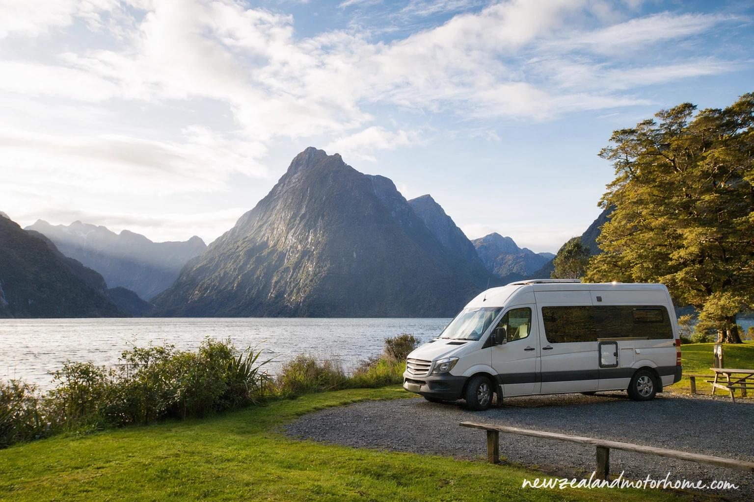 Campervan parked near Lake Manapouri before a Doubtful Sound trip in Fiordland