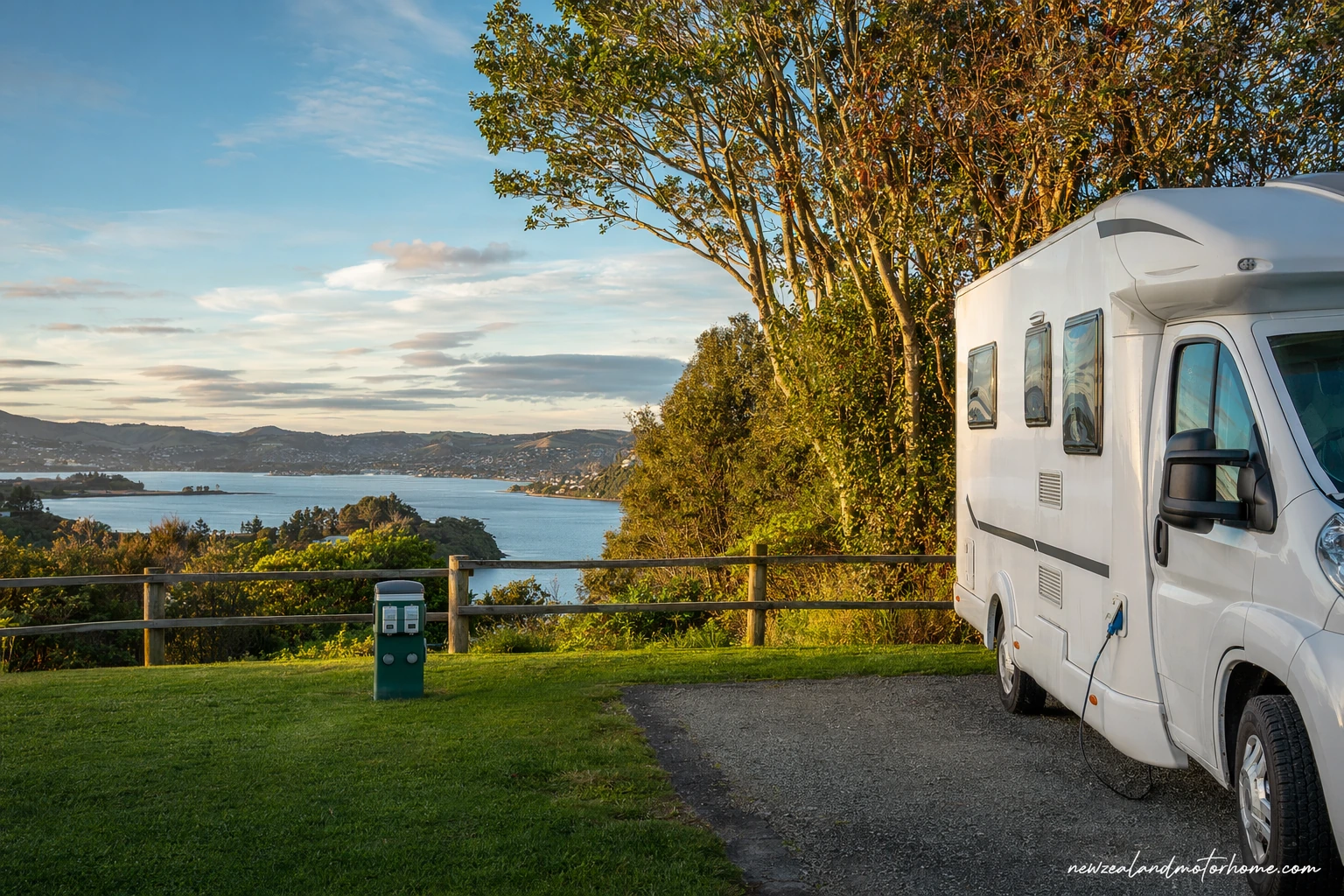 Campervan parked at a Dunedin holiday park near the coast with low hills and city streets nearby
