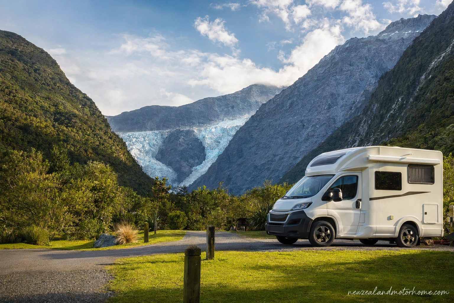 Campervan parked near rainforest and mountains in Franz Josef on the West Coast