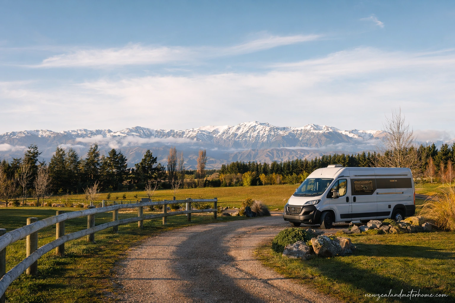 Campervan parked near Geraldine with South Canterbury foothills and open rural scenery