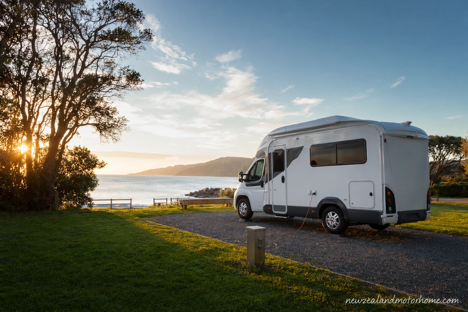 Campervan parked near Waikanae Beach in Gisborne with holiday park sites close to the coast