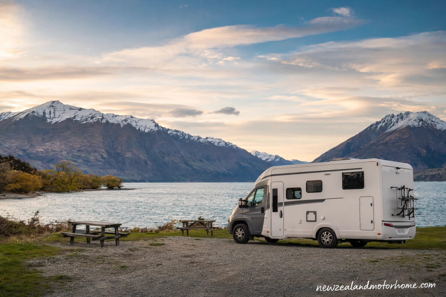 Campervan parked near Glenorchy with Lake Wakatipu and mountain scenery in the background