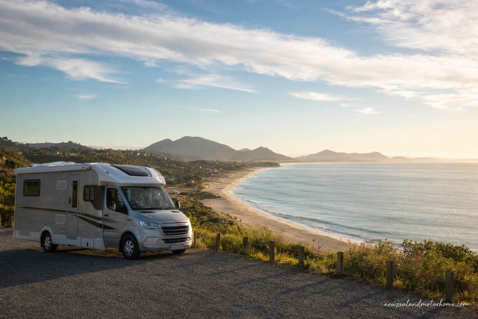 Campervan parked near a Golden Bay beach with hills and tidal flats in the background