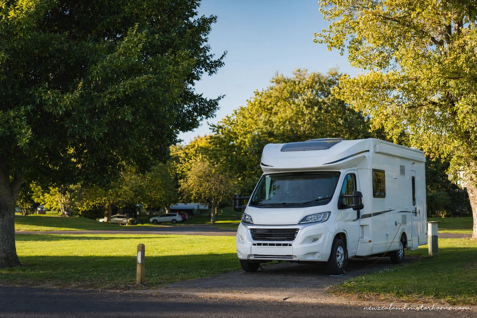 Campervan parked at a leafy holiday park in Hamilton near the Waikato River