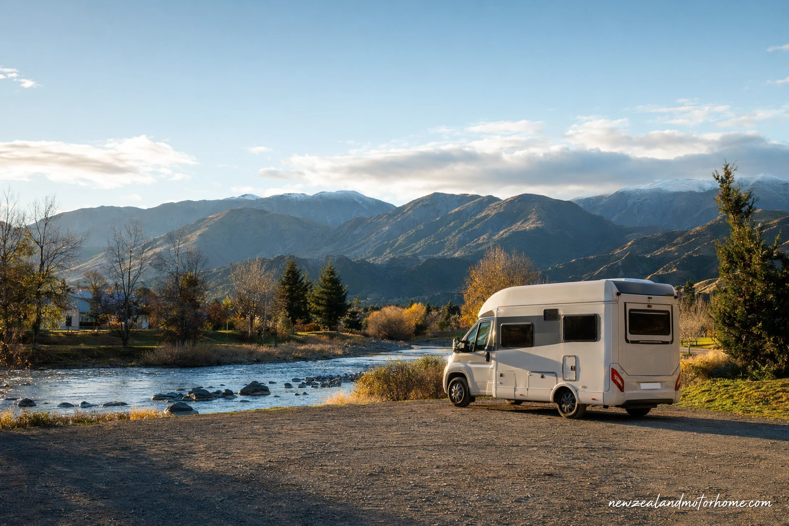 Campervan parked near Hanmer Springs with forested hills and alpine village scenery
