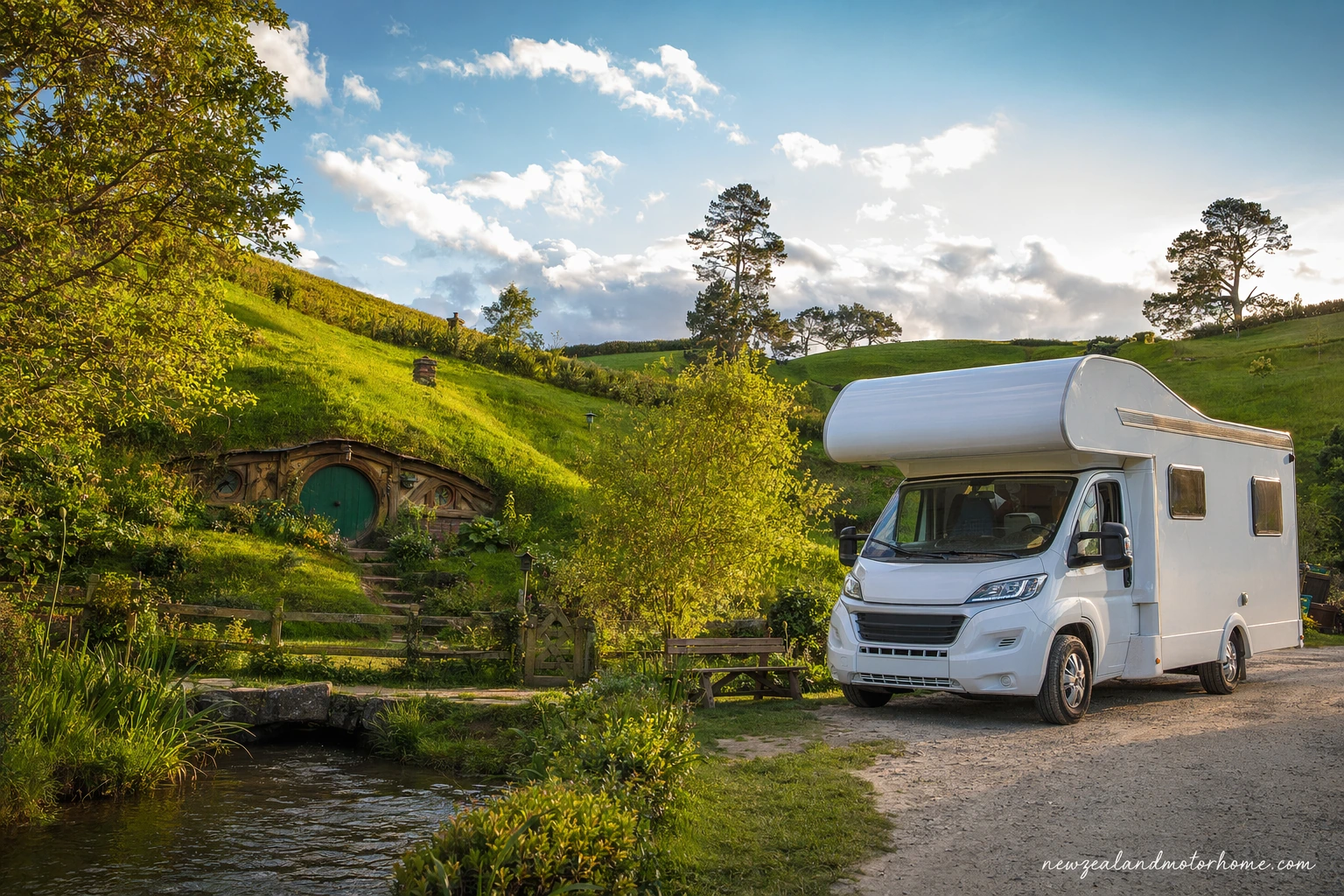 Campervan parked near green Waikato farmland on the way to Hobbiton Matamata