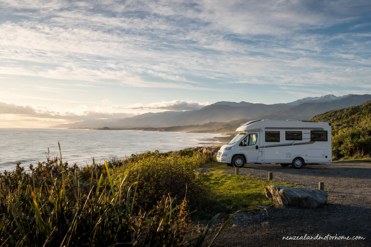 Campervan parked near Hokitika beach with driftwood, surf and West Coast sky
