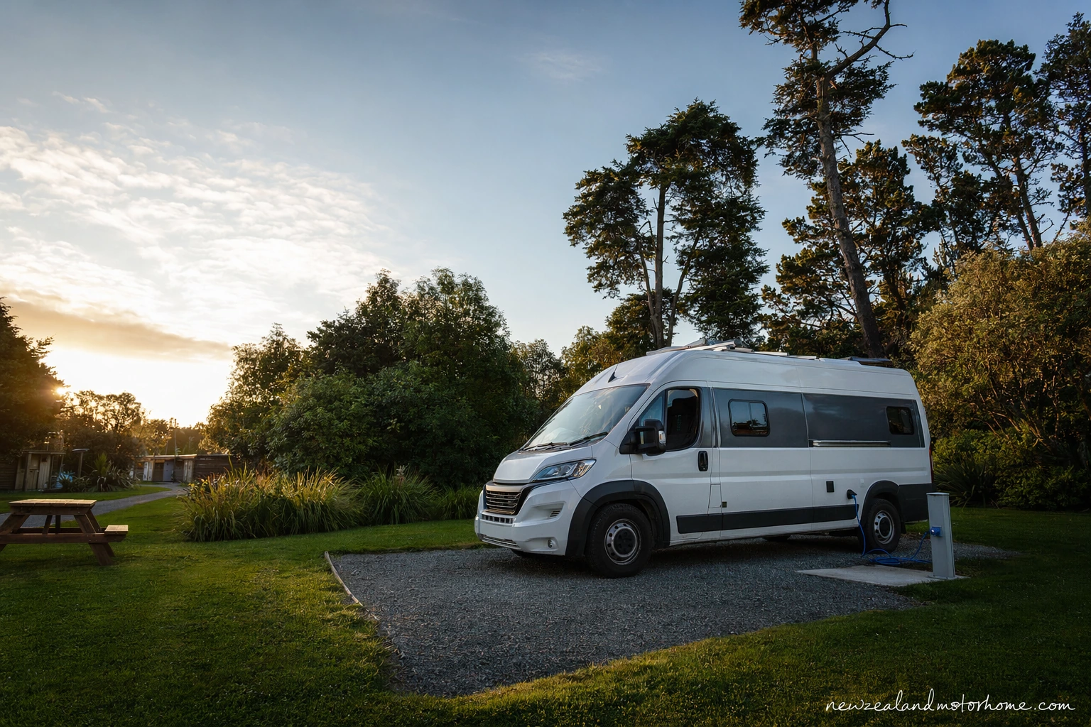 Campervan parked at a holiday park in Invercargill with Southland trees and open sky