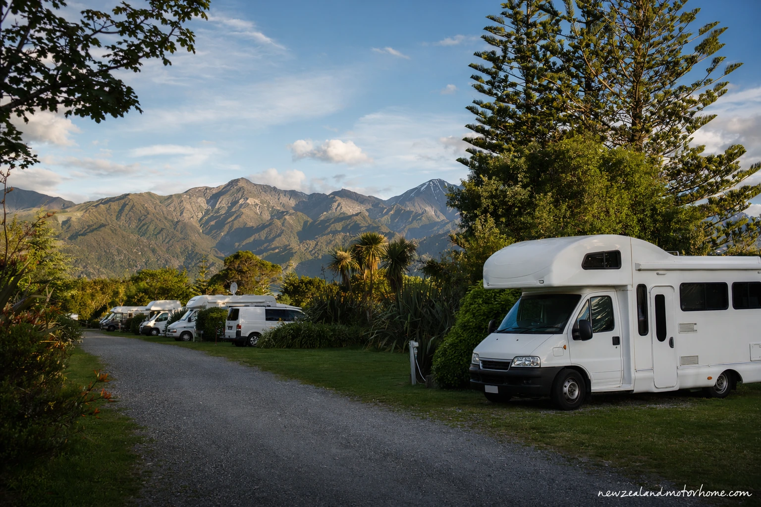 Campervan parked near the Kaikōura coast with mountains behind and the Pacific Ocean beside the road