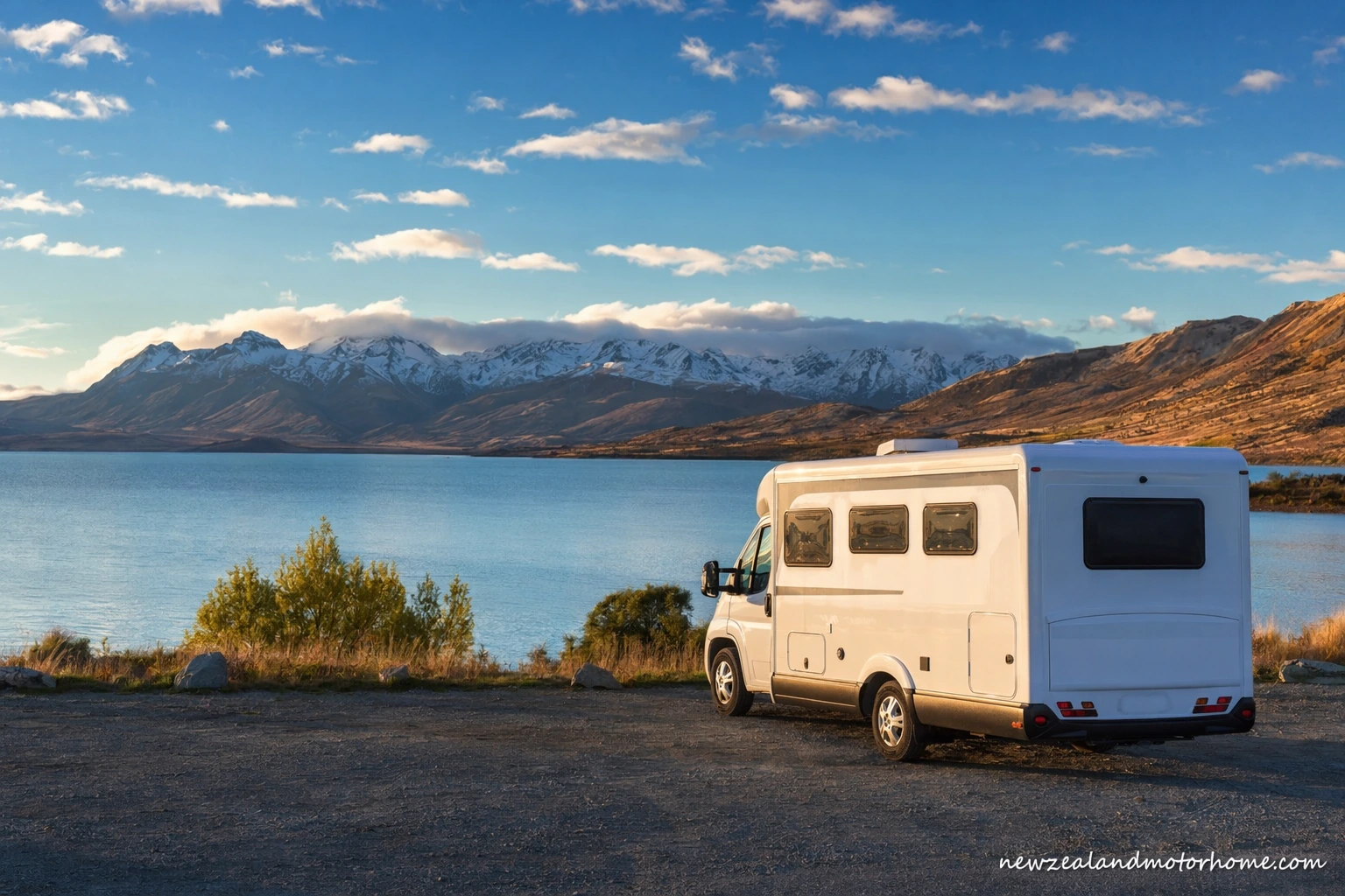 Campervan parked near Lake Tekapo with turquoise water and Mackenzie Basin mountains in the background