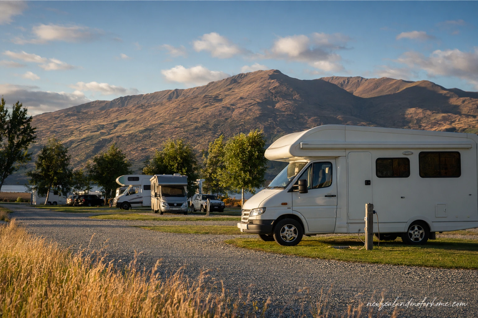 Campervan parked near Lake Tekapo in the Mackenzie Country with mountains beyond
