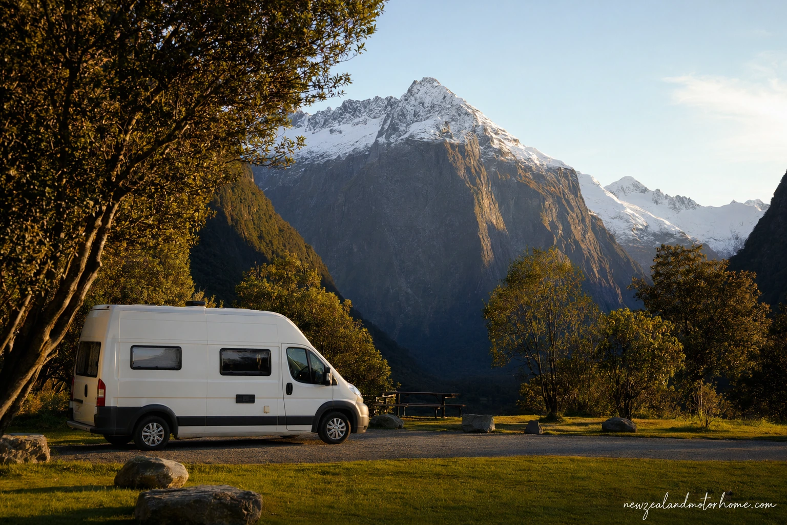 Campervan parked beside Milford Road with Fiordland mountains and wet forest in the background