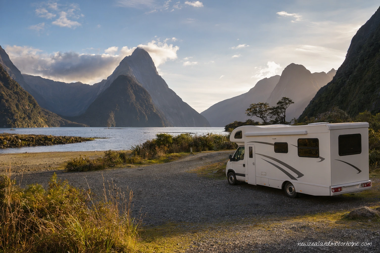 Campervan parked near Milford Sound with steep Fiordland mountains and misty rainforest around the harbour