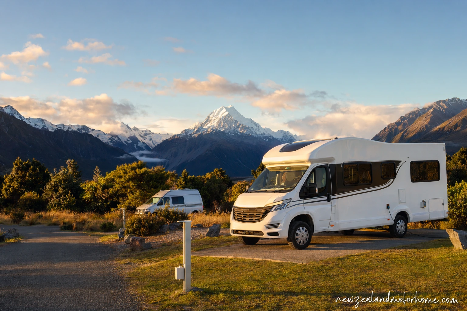 Campervan parked near Aoraki Mount Cook with alpine peaks and Lake Pukaki scenery
