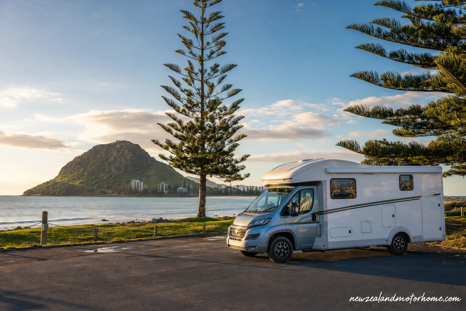 Campervan parked near Mount Maunganui with Mauao, beach dunes and Tauranga Harbour in the background