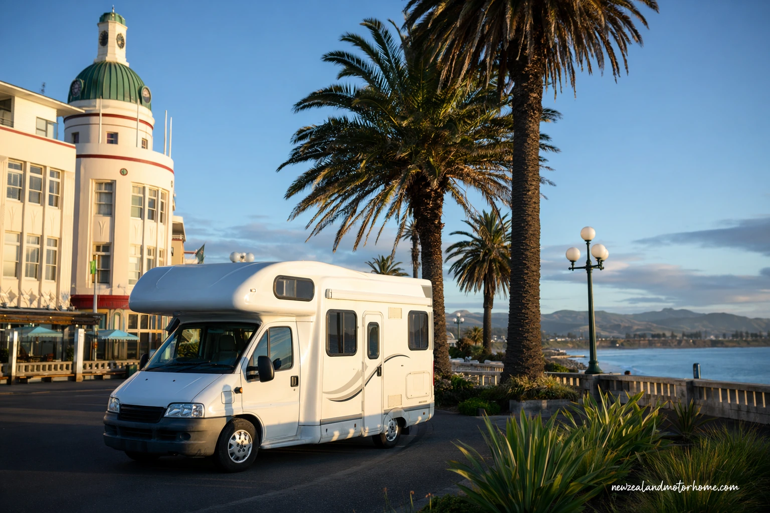 Campervan parked near Napier waterfront with Art Deco buildings and Marine Parade nearby