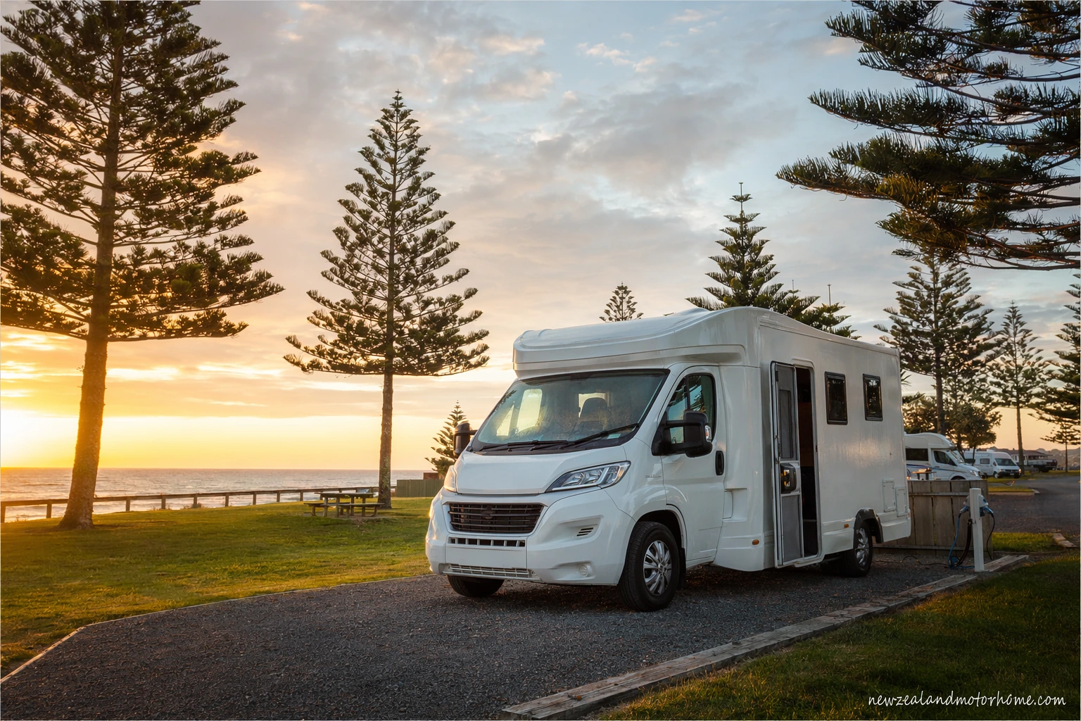 Campervan parked near the waterfront in Napier with the beach and Hawke’s Bay coastline nearby