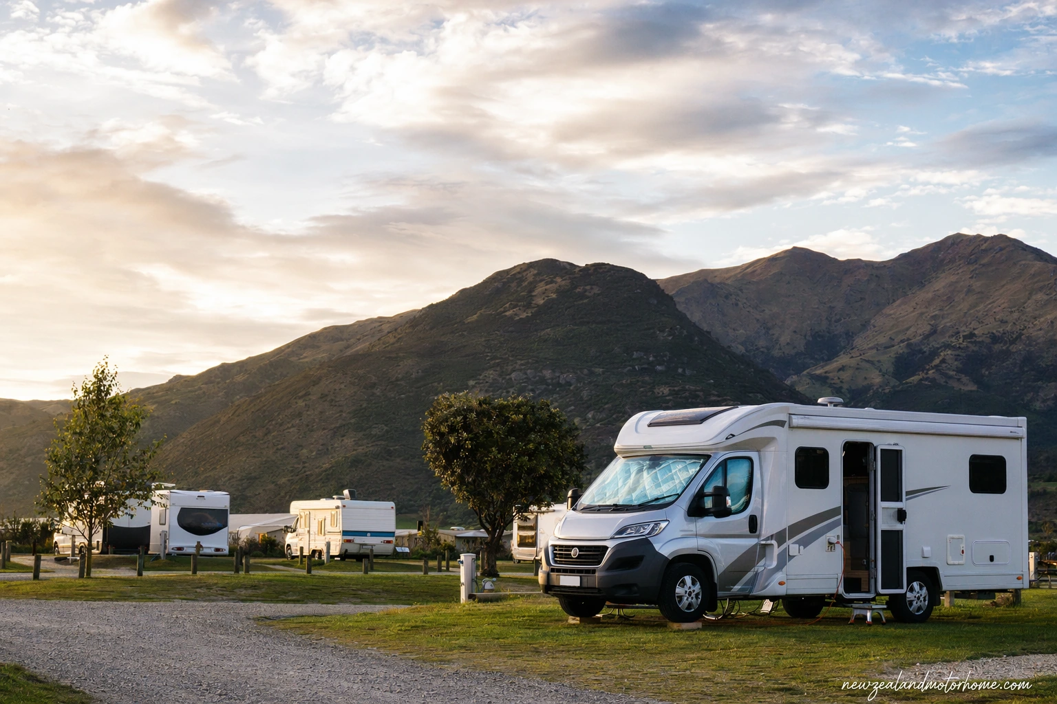 Campervan parked at a Northland holiday park near a sheltered beach and coastal hills