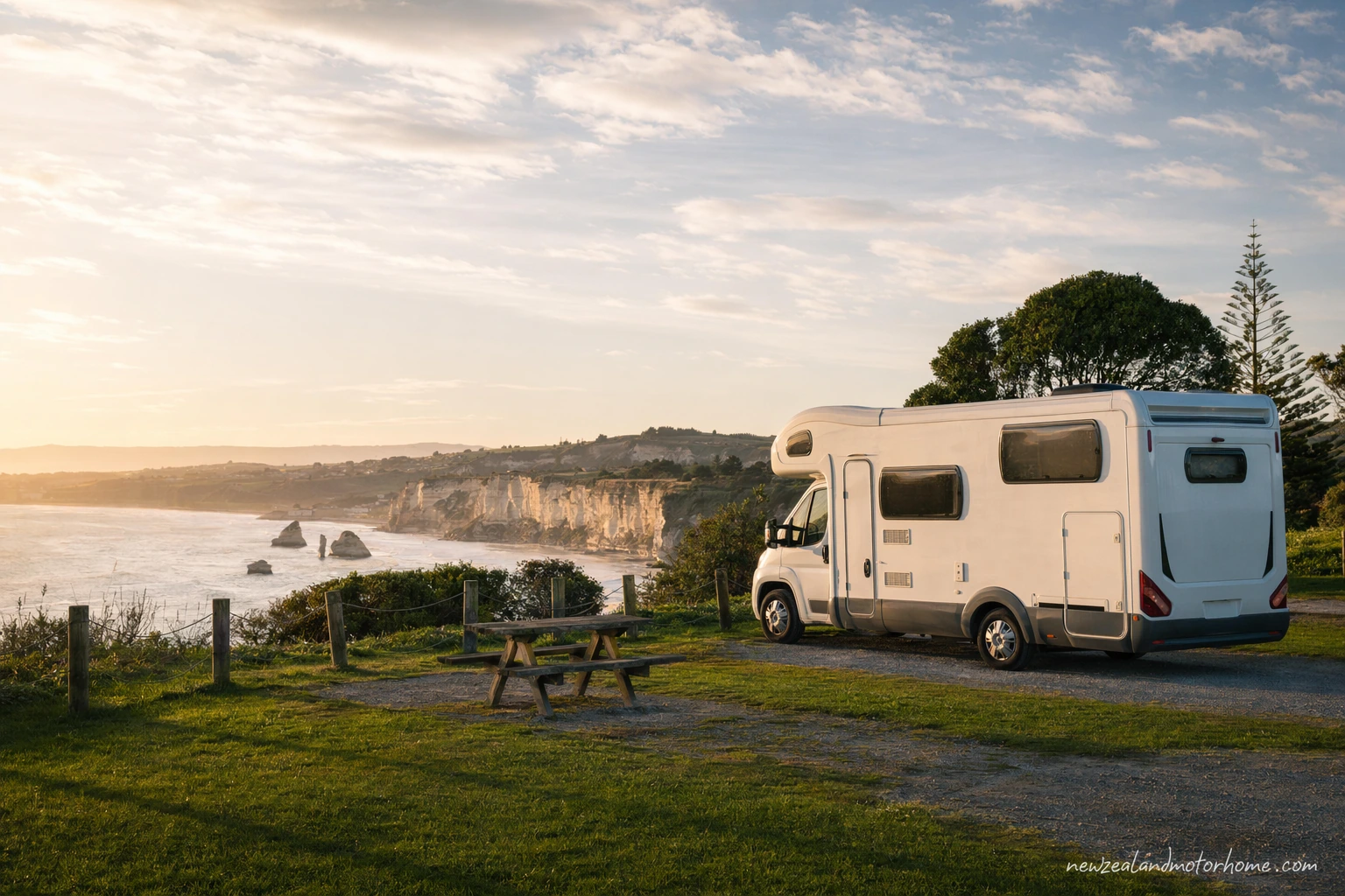 Campervan parked near the Oamaru harbour with limestone buildings and the Waitaki coast nearby