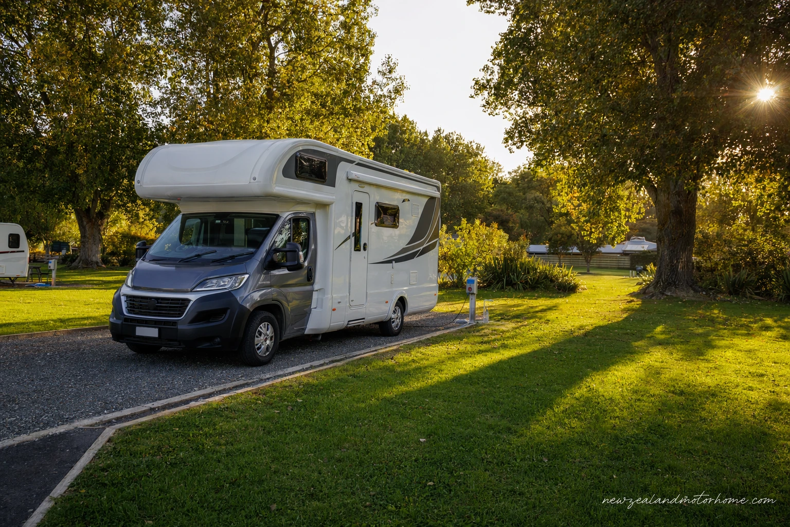 Campervan parked at a holiday park in Palmerston North near the Manawatū River