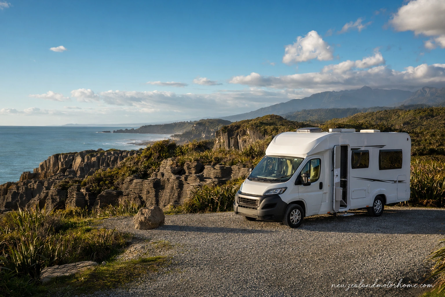 Campervan parked near Punakaiki on the West Coast with rainforest and limestone cliffs nearby