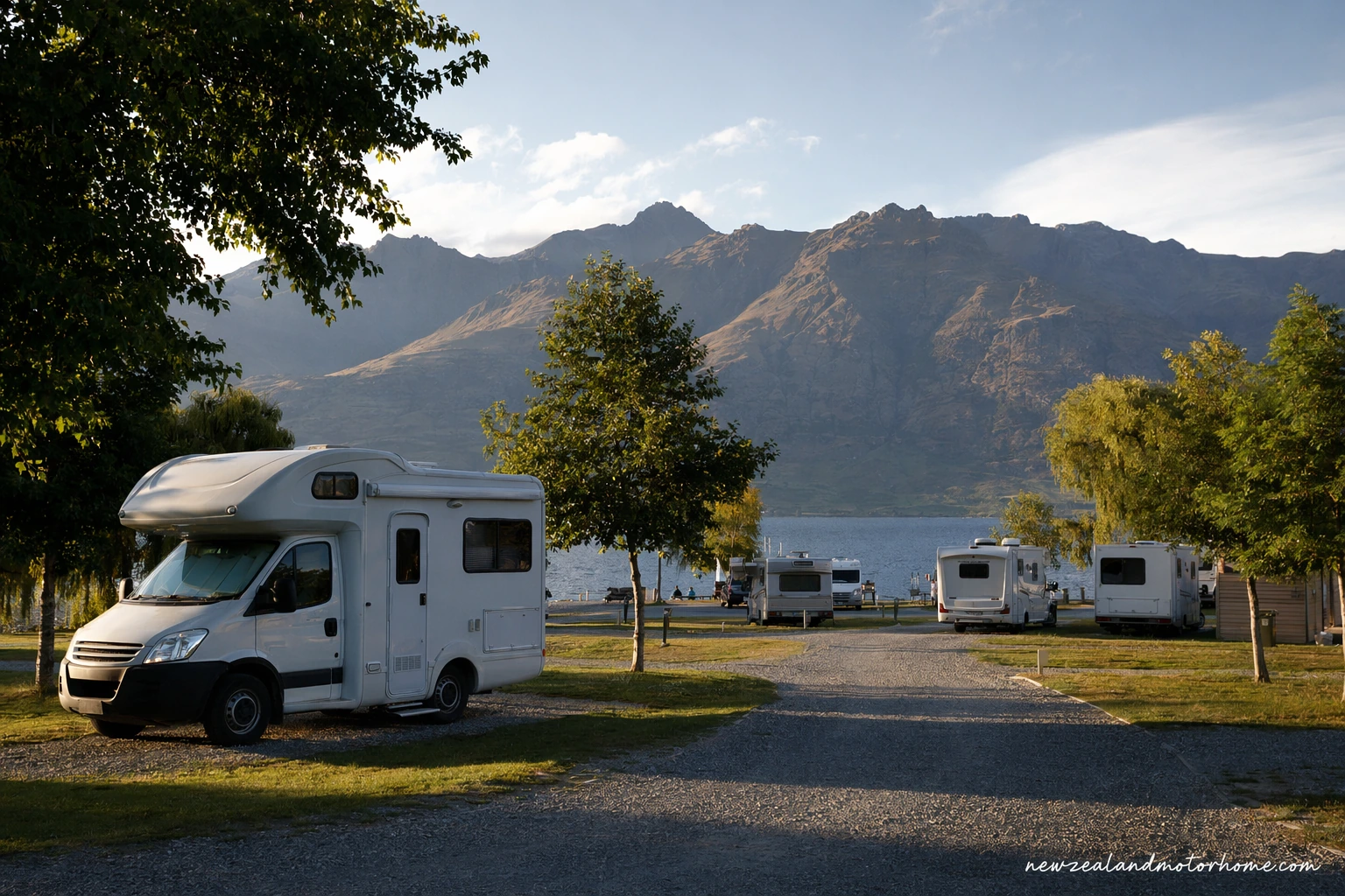 Campervan parked near Lake Wakatipu in the Queenstown Lakes region with mountains behind