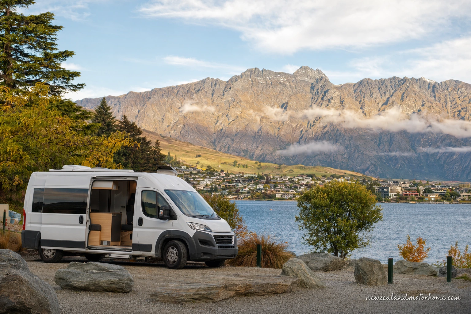 Campervan parked at a Queenstown holiday park with the Skyline gondola and Bob's Peak above town