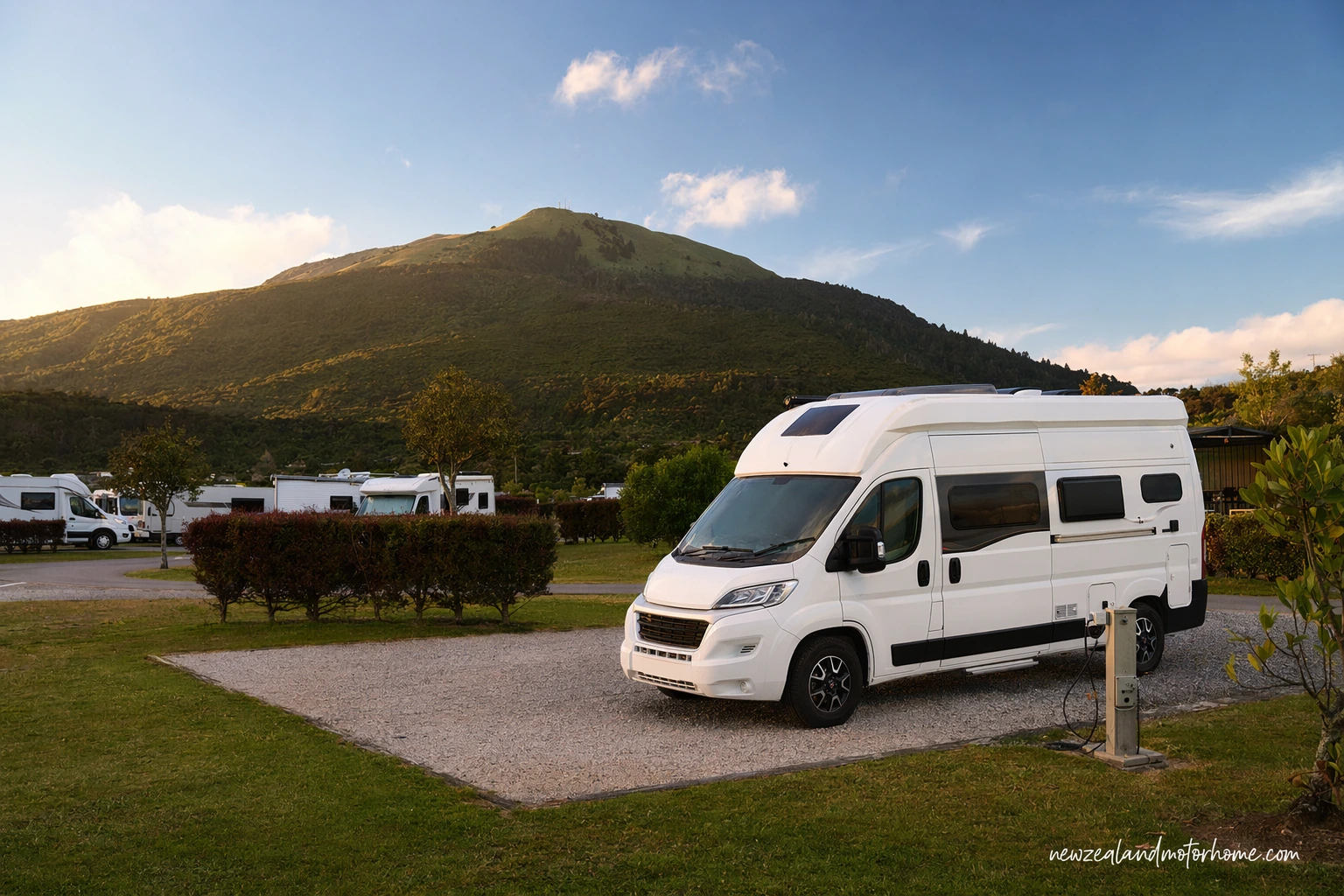 Campervan parked at a Rotorua holiday park with trees, lake mist and geothermal hills nearby