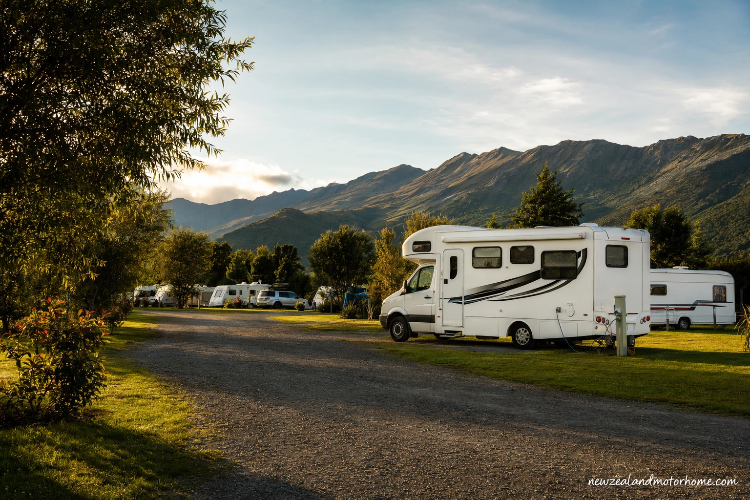 Campervan parked at a Southland holiday park with coastal hills and open sky nearby