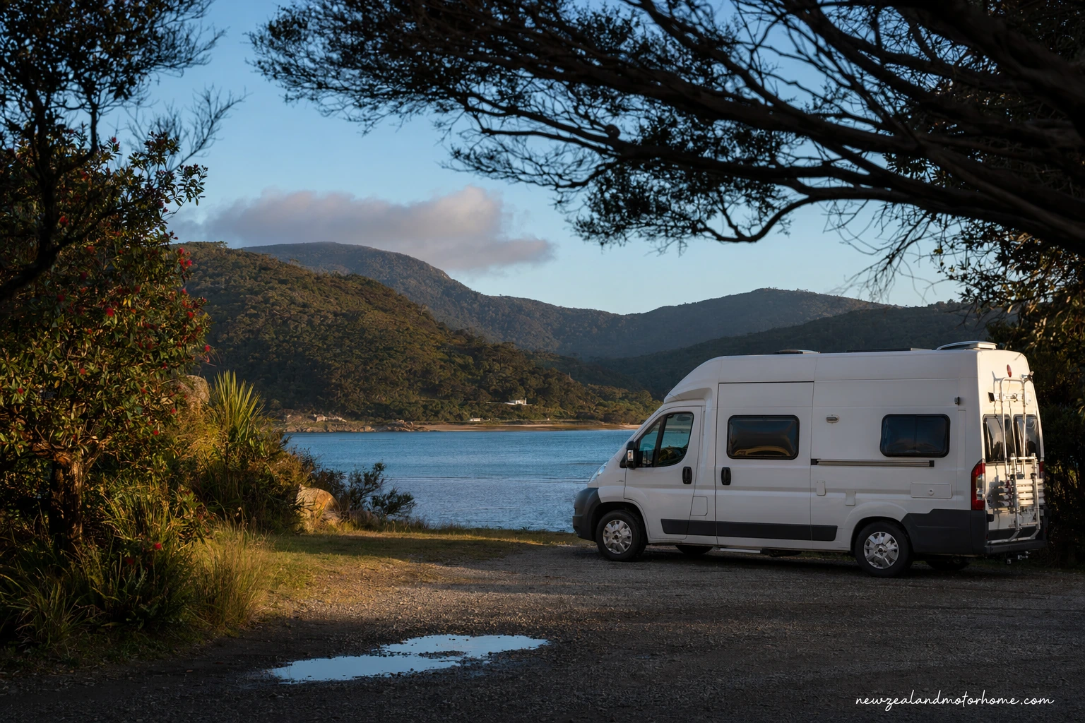 Campervan parked near Bluff harbour before the ferry to Stewart Island