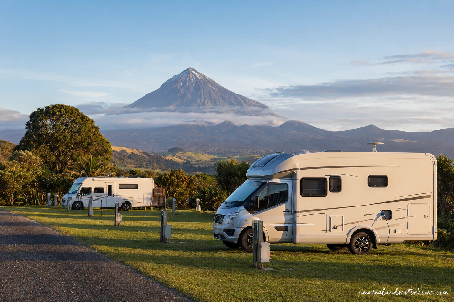 Campervan parked at a Taranaki holiday park with coastal grass sites and Taranaki Maunga in the distance