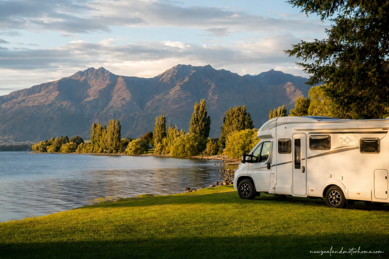 Campervan parked near Lake Te Anau with Fiordland mountains behind