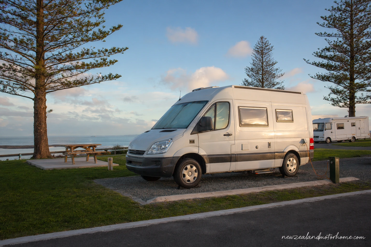 Campervan parked near Caroline Bay in Timaru with the South Canterbury coast in the background