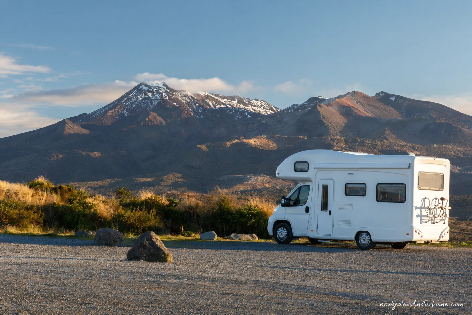 Campervan parked near Tongariro Crossing with volcanic peaks and tussock landscape in the background