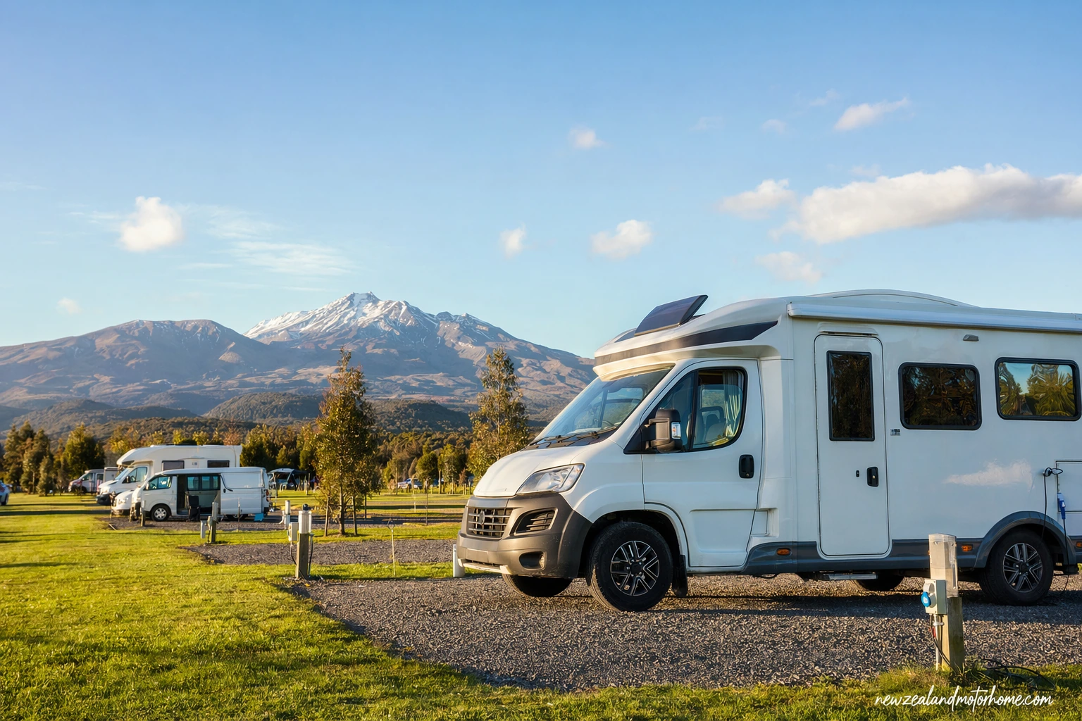 Campervan parked near Tongariro National Park with volcanic peaks beyond