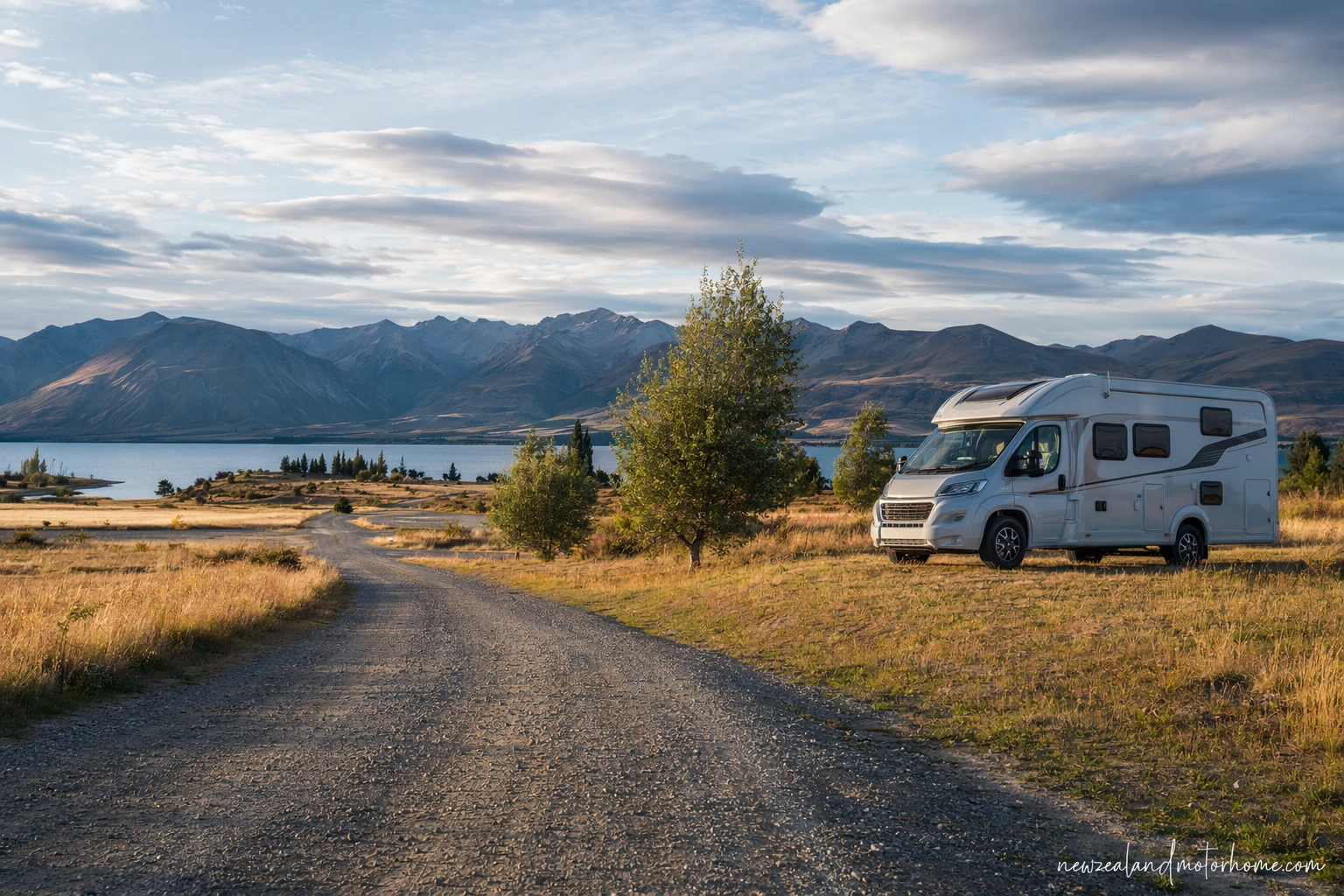 Campervan parked near Twizel with Mackenzie Basin mountains and open high-country scenery