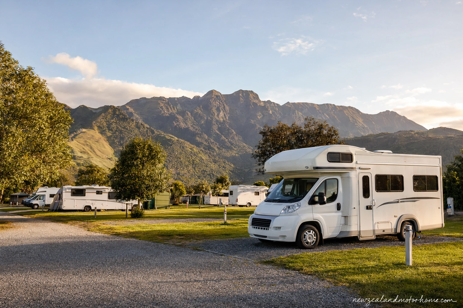 Campervan parked at a green Waikato holiday park with rolling hills and evening light