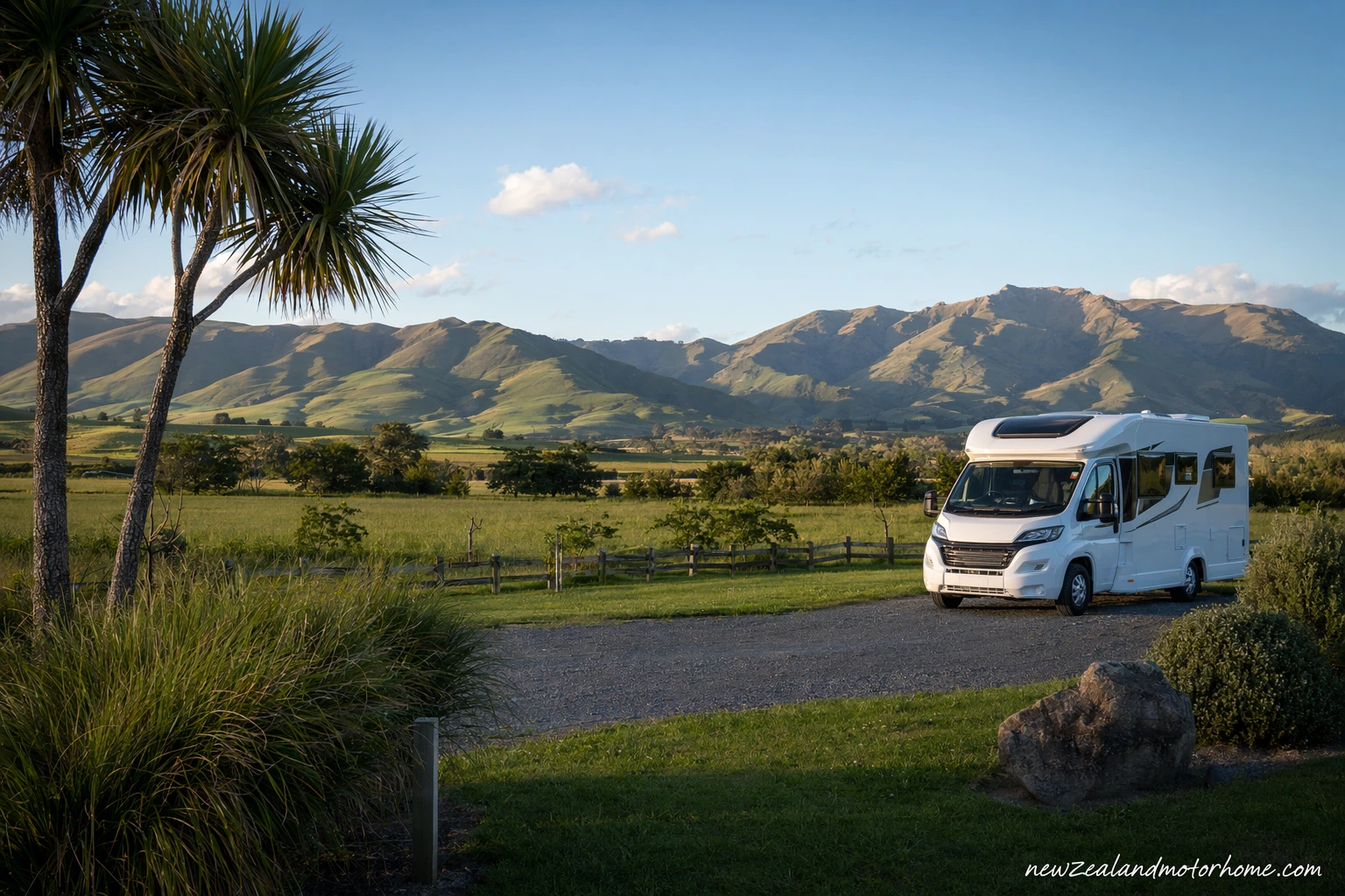 Campervan parked near Wairarapa coast with open farmland, hills and a wide evening sky