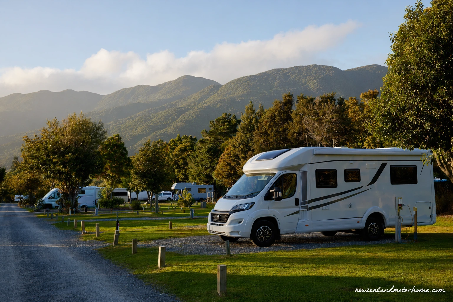 Campervan parked at a Wellington region holiday park with harbour hills in the background