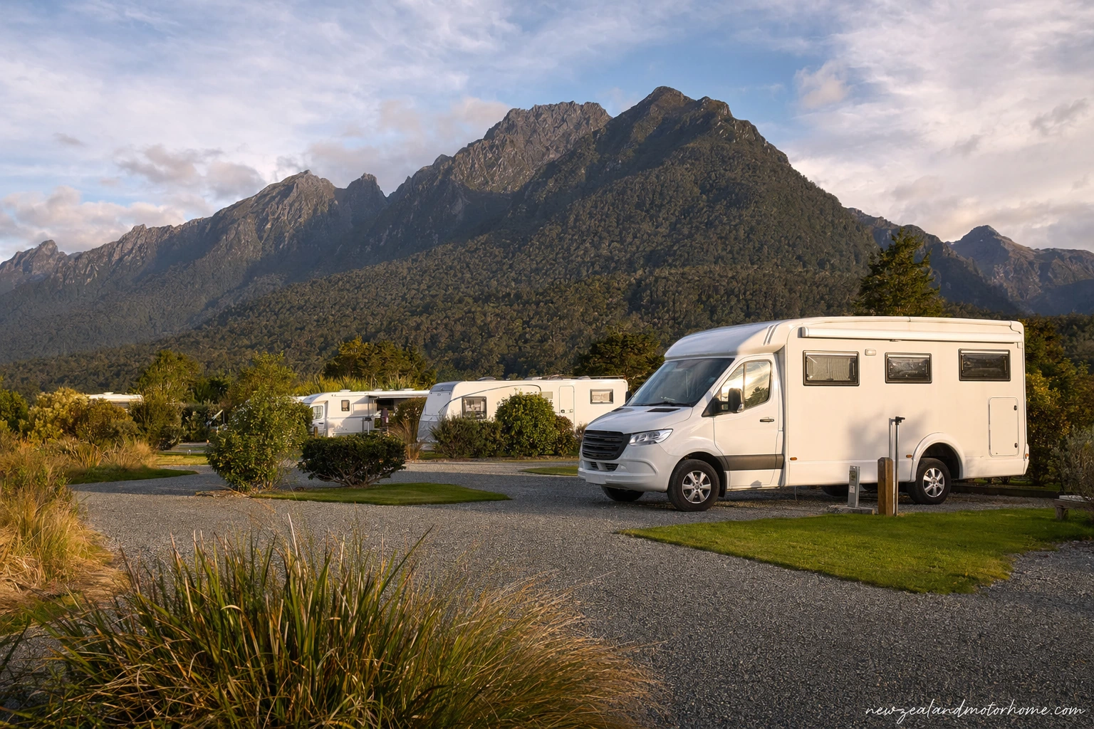 Campervan parked at a West Coast holiday park with rainforest hills and wet-weather clouds behind