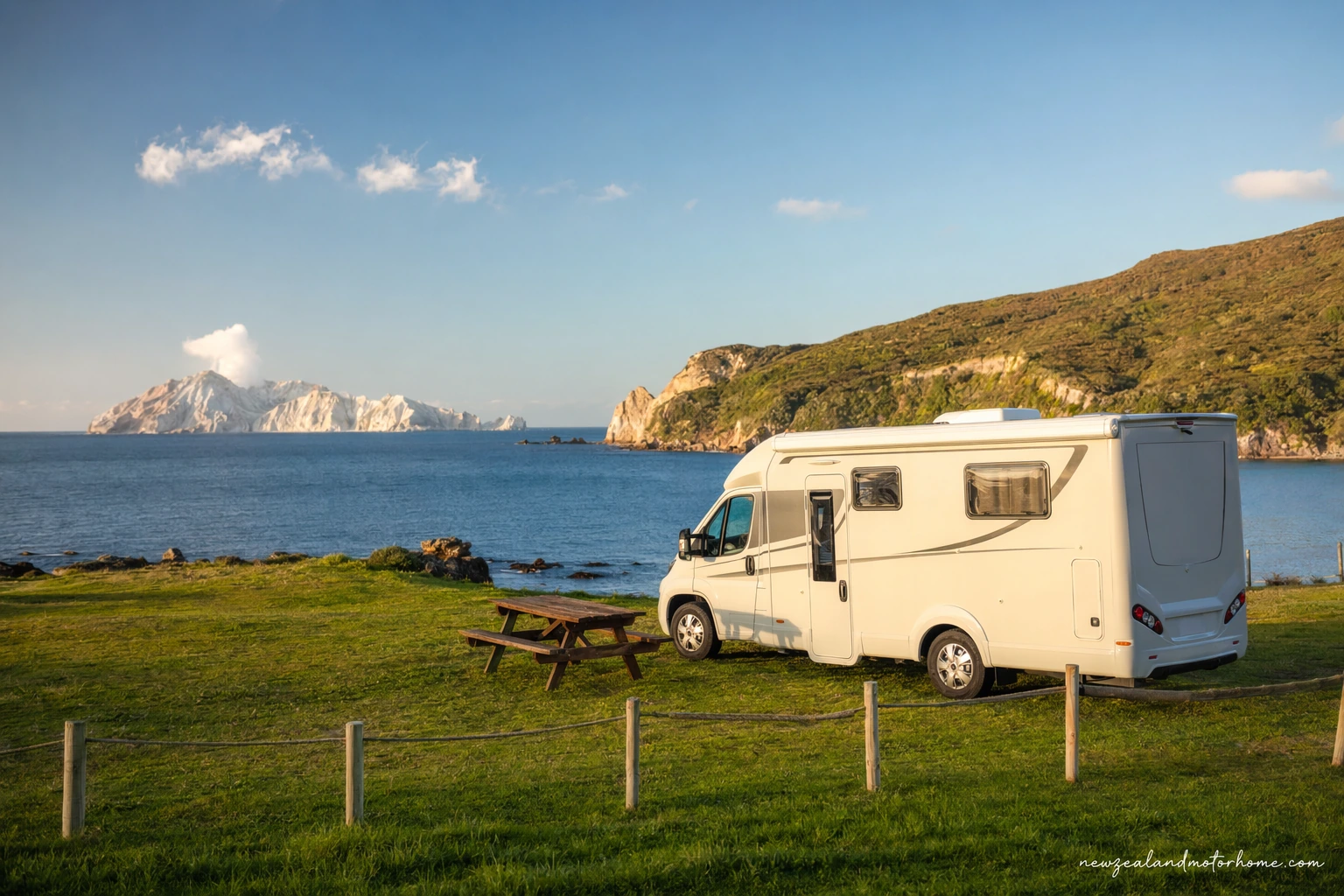 Campervan parked near Ōhope Beach with Whakatāne and White Island offshore in the Bay of Plenty