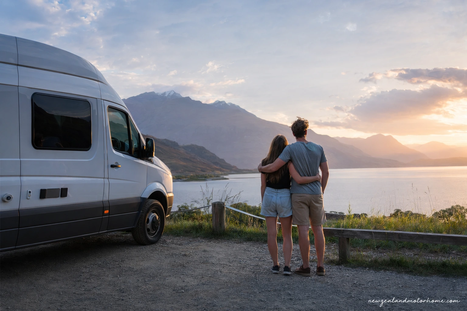 Campervan parked beside Lake Pukaki with Aoraki Mount Cook in the distance on a New Zealand honeymoon road trip