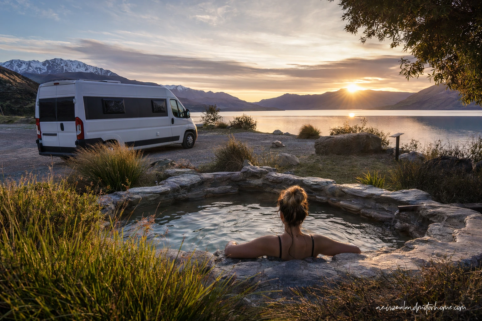 Campervan parked near steaming hot pools in a New Zealand thermal town