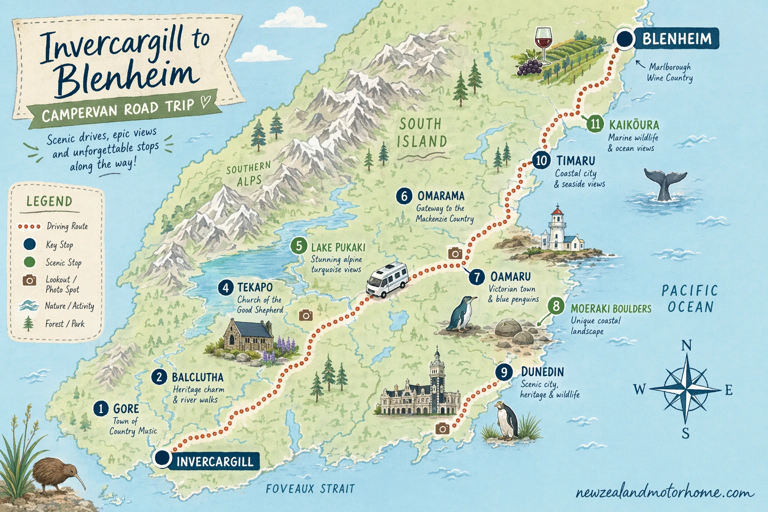 Illustrated campervan map — invercargill to blenheim campervan