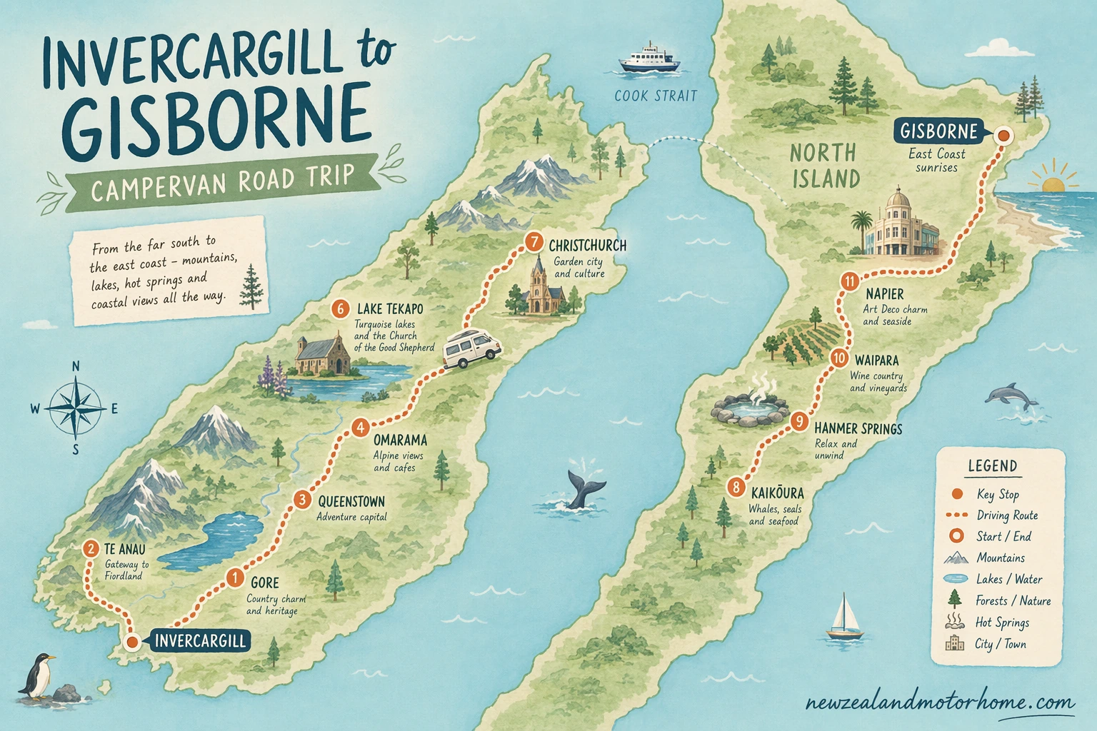Illustrated campervan map — invercargill to gisborne campervan