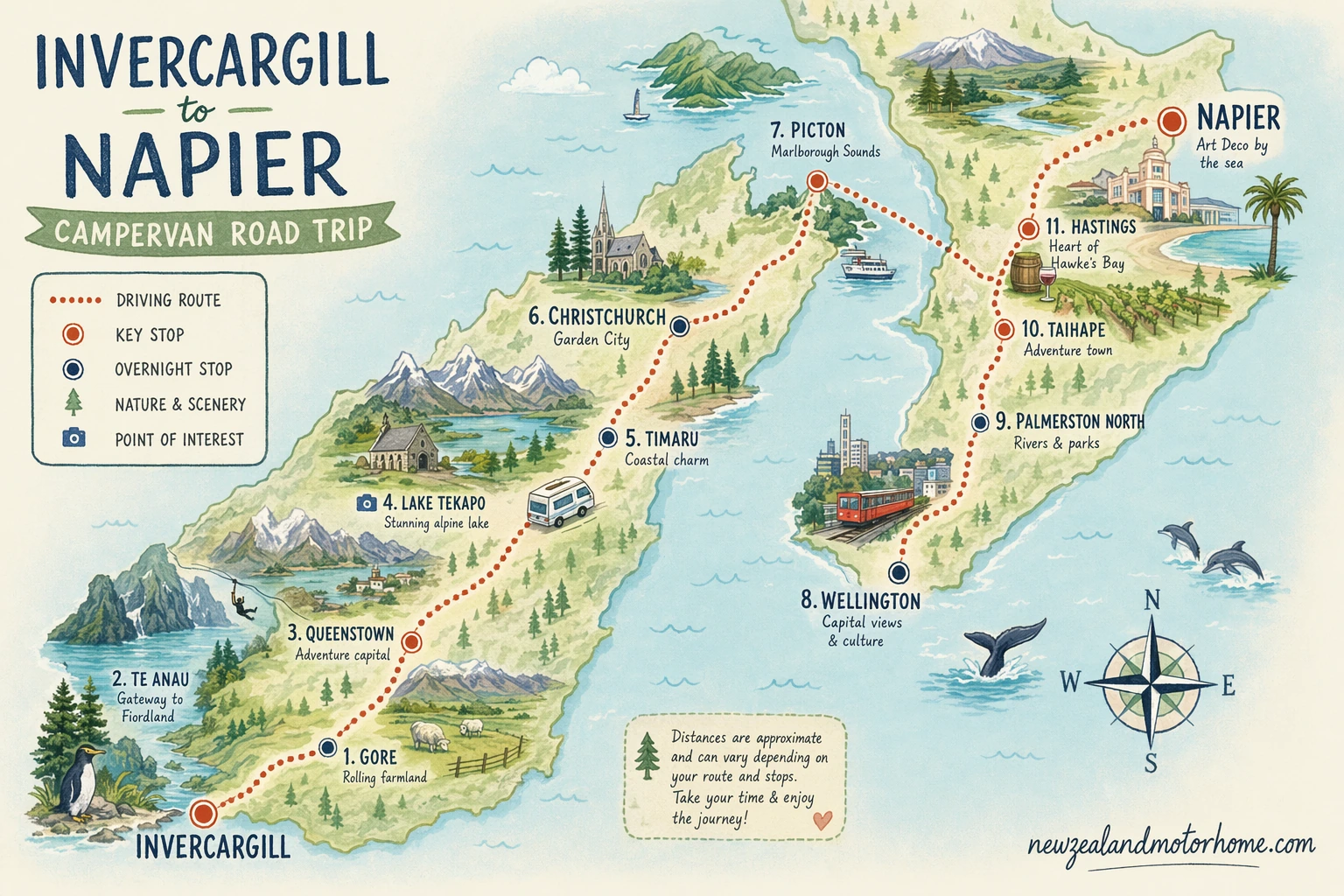 Illustrated campervan map — invercargill to napier campervan