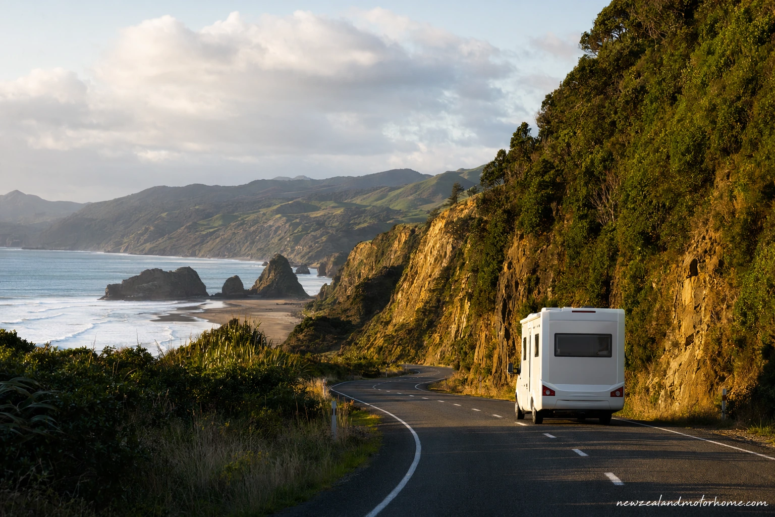Campervan parked near the New Plymouth waterfront with Mount Taranaki in the distance