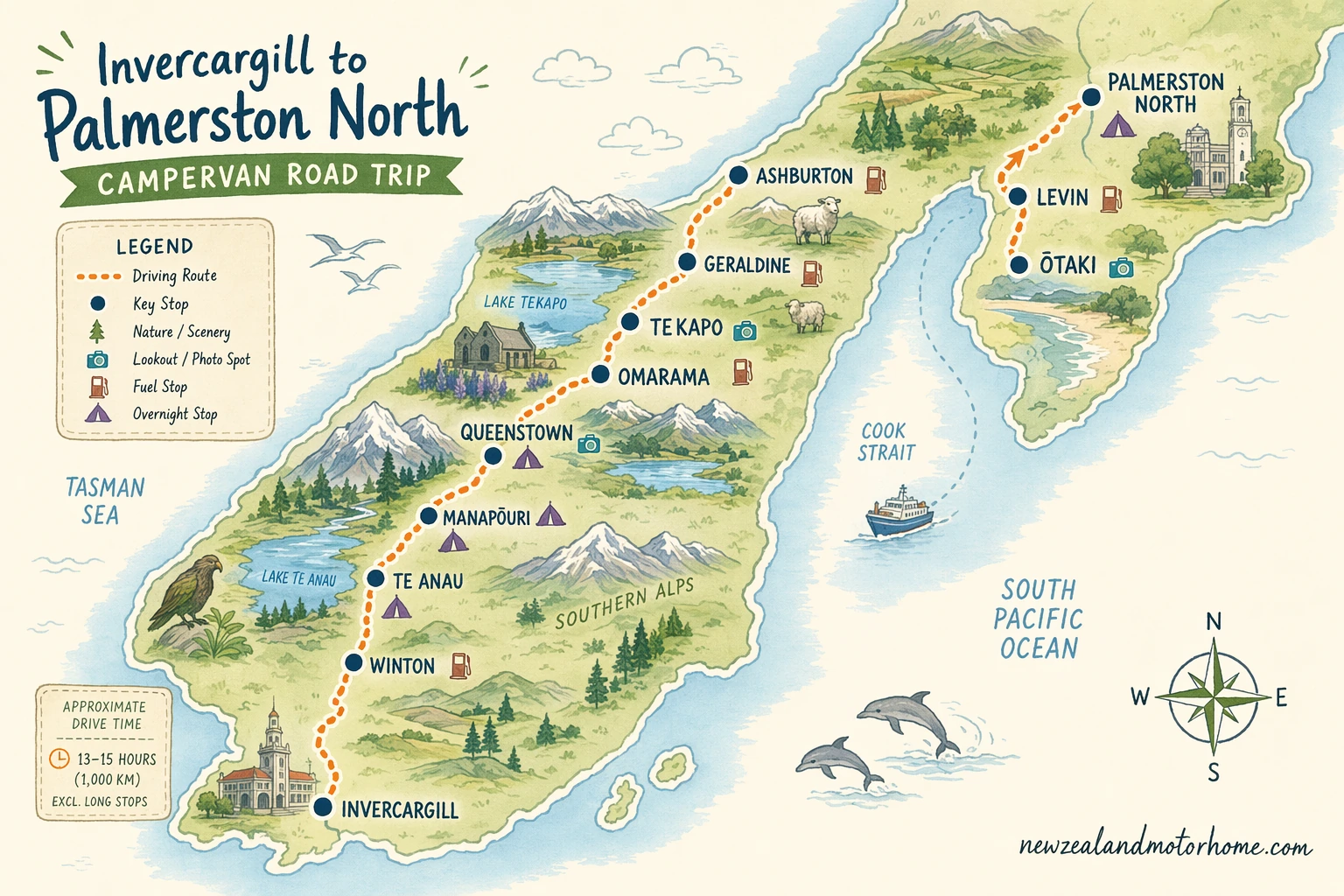 Illustrated campervan map — invercargill to palmerston north campervan